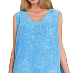 Double Gauze Raw Edge Acid Washed Tank in Deep Sky