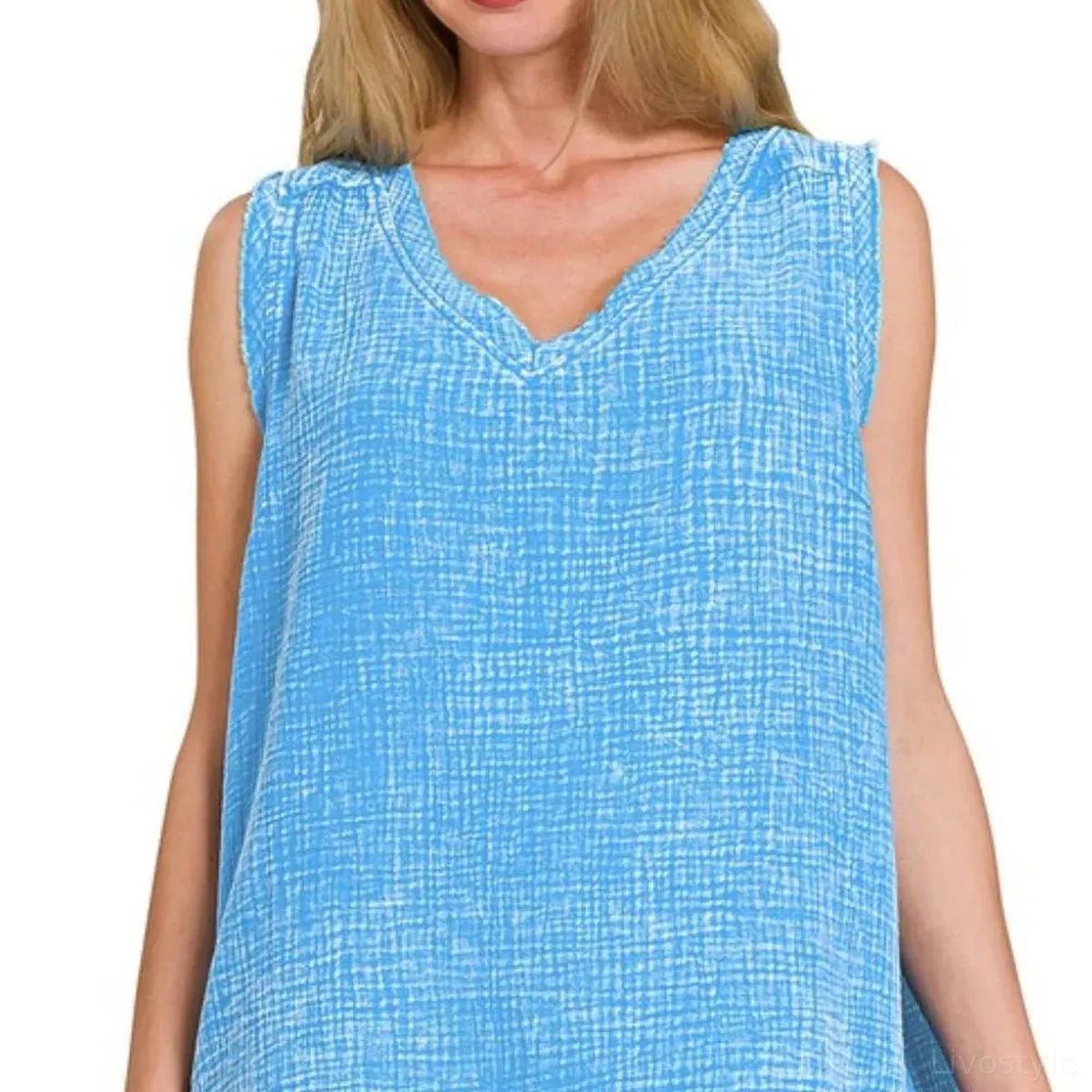 Double Gauze Raw Edge Acid Washed Tank in Deep Sky