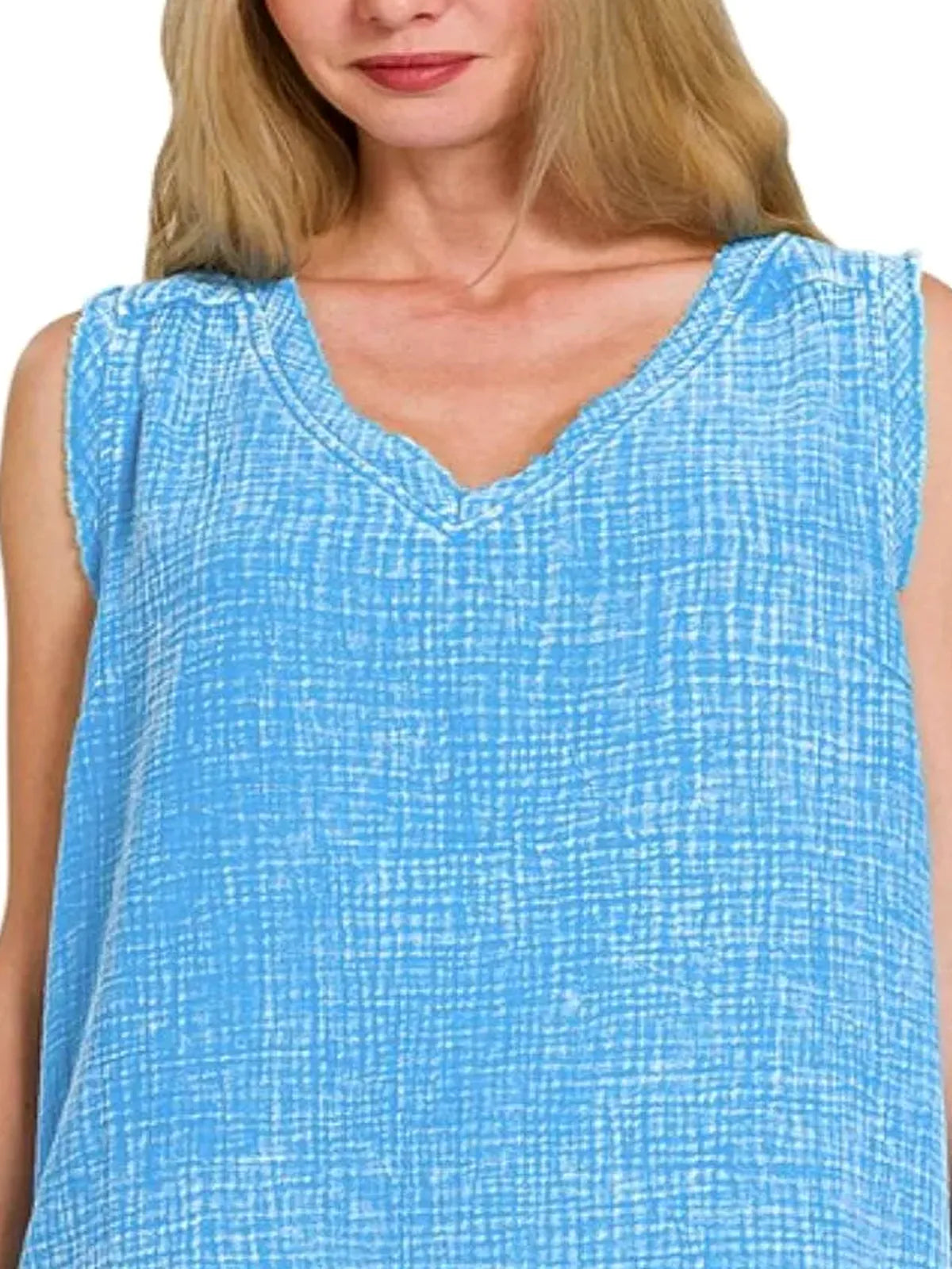 Double Gauze Raw Edge Acid Washed Tank in Deep Sky