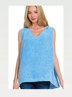 Double Gauze Raw Edge Acid Washed Tank in Deep Sky