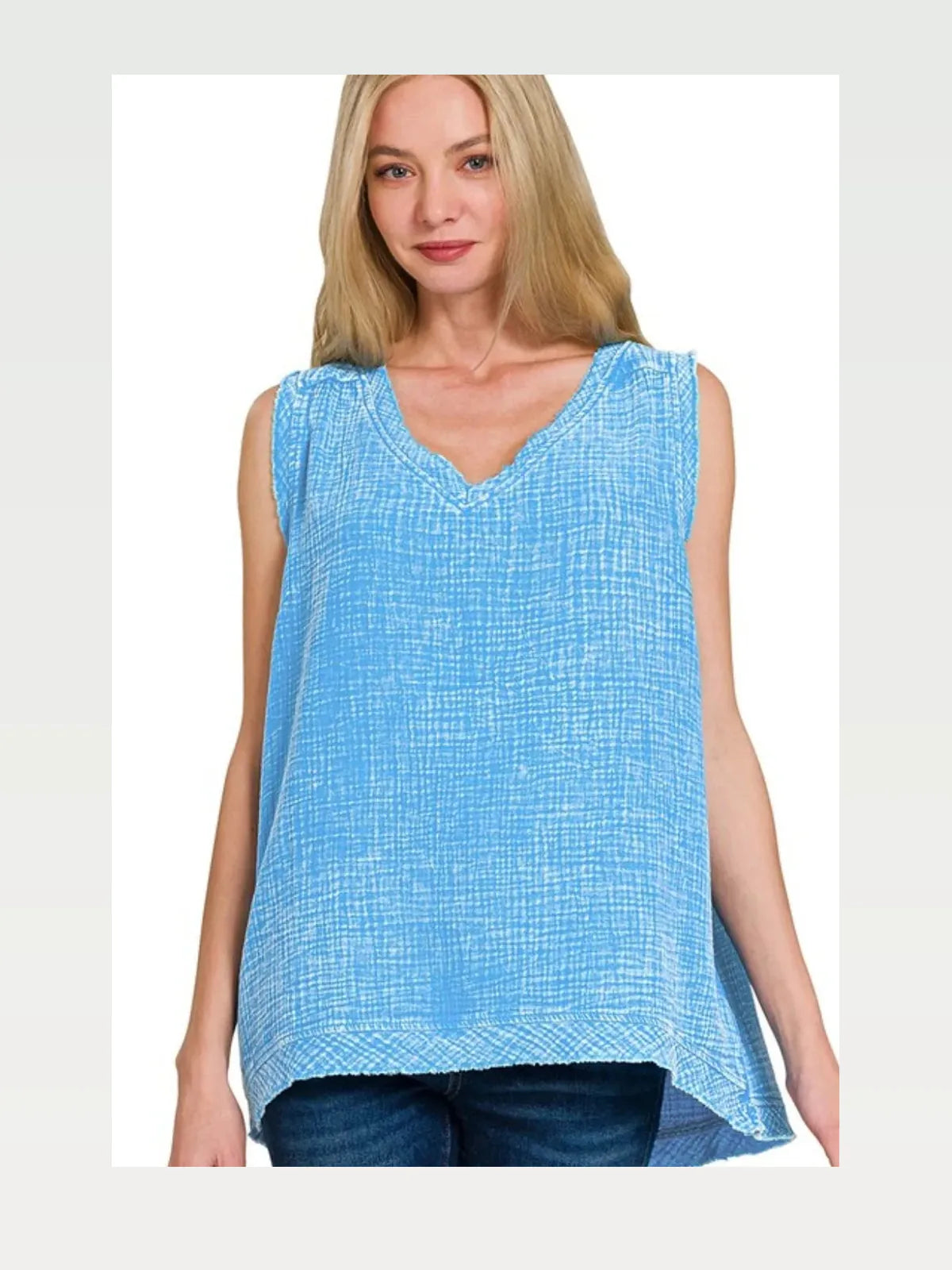 Double Gauze Raw Edge Acid Washed Tank in Deep Sky