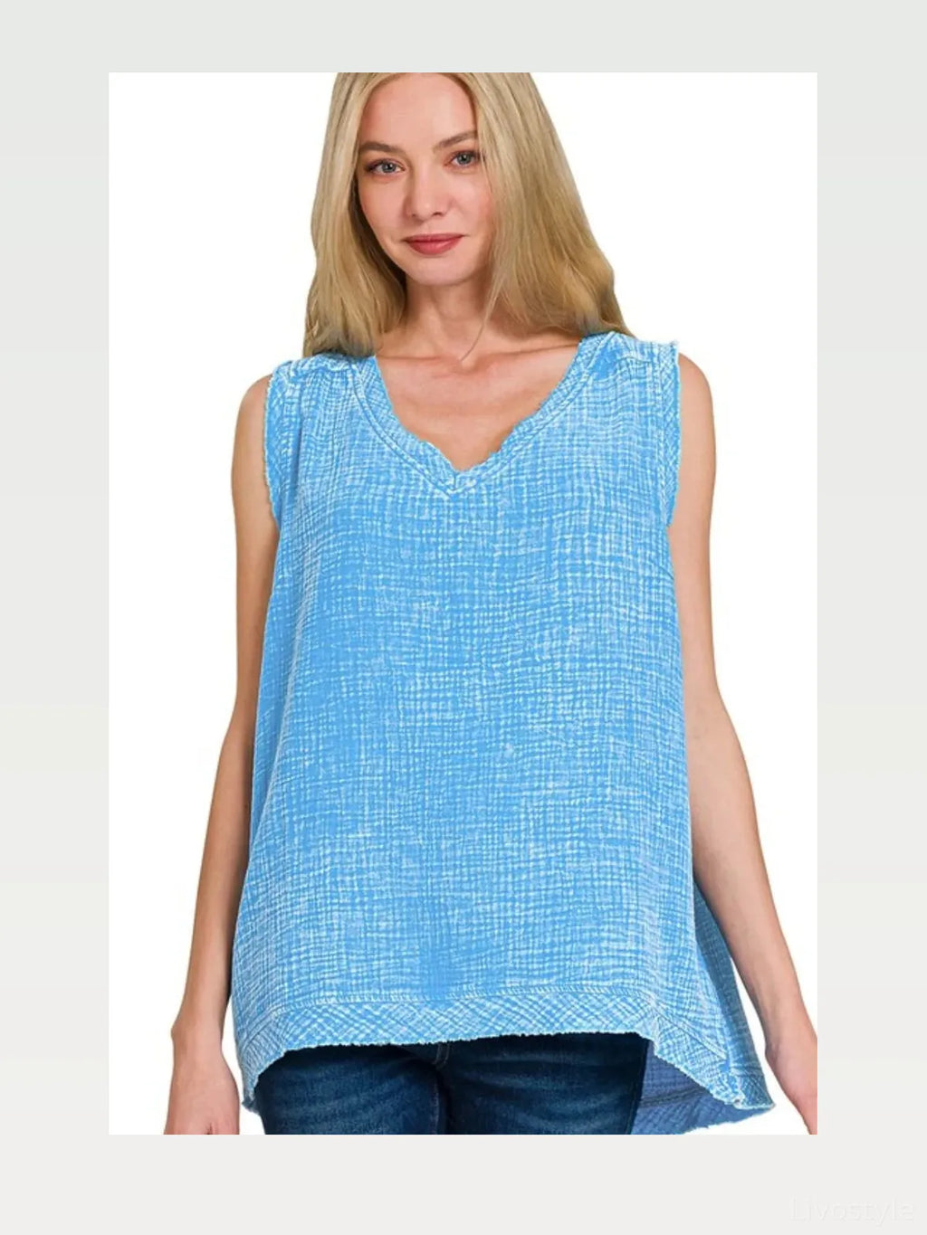 Double Gauze Raw Edge Acid Washed Tank in Deep Sky