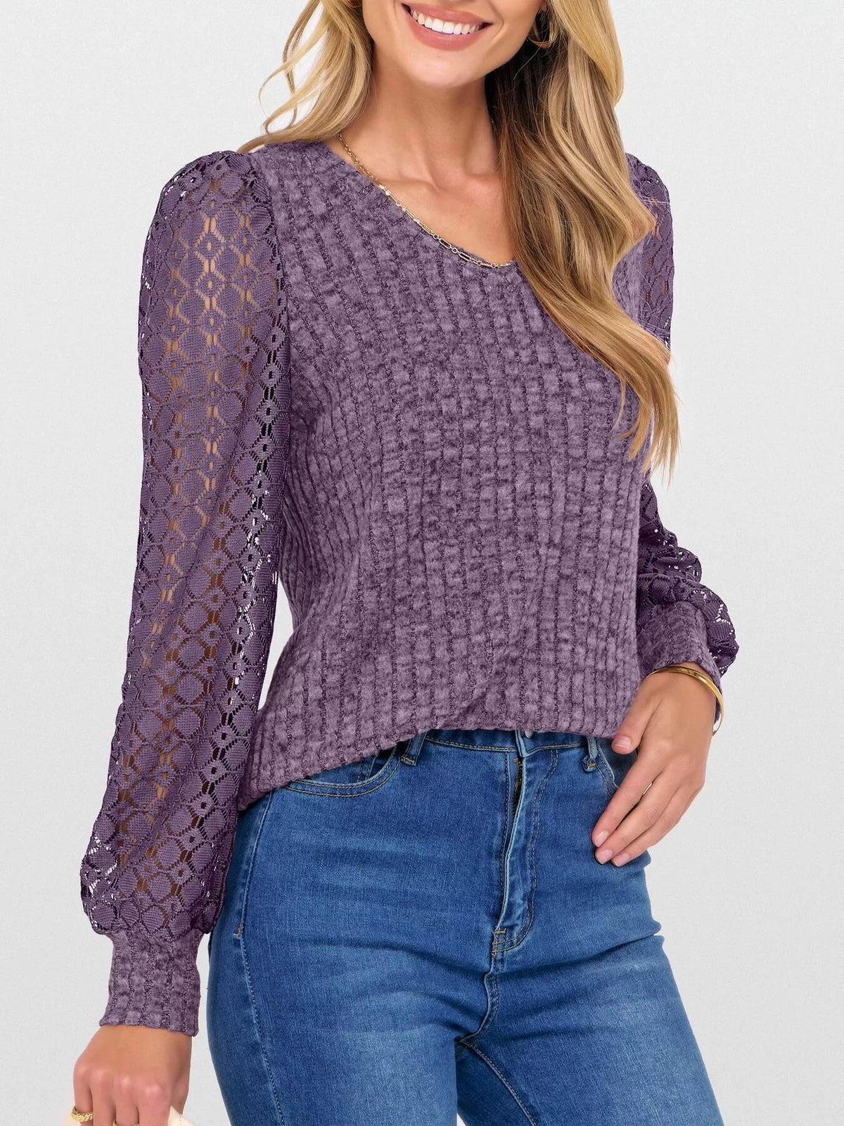 Lace Sleeve V-Neck T-Shirt