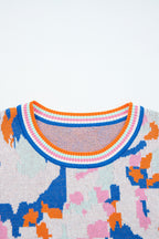 Apricot Abstract Pattern Knit Contrast Striped Trim Short Sleeve Sweater