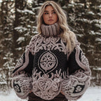 Womens Autumn High-Neck Sweater Retro Print American Streetwear Brand Loose-Fit Sweater