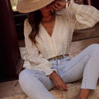 Elegant Commuter-Style Fashion V-Neck Lace-Patchwork Long-Sleeve Shirt