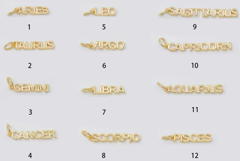 Gold Filled Zodiac Sign Script Words Mini Charm in Gold & Silver | A-A1815-A-A1820 | A-A1839-A-A1844