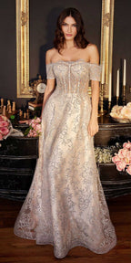 Ladivine J835 Floor Length Off the Shoulder A-line Glitter Print Gown