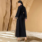 Leopard Print Colorblock Abaya | Deep V-Neck Belted Maxi Dress(MS213)