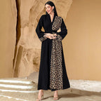 Leopard Print Colorblock Abaya | Deep V-Neck Belted Maxi Dress(MS213)