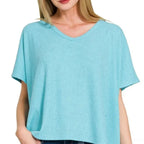 Ribbed V-Neck Short-Sleeve Knit Top