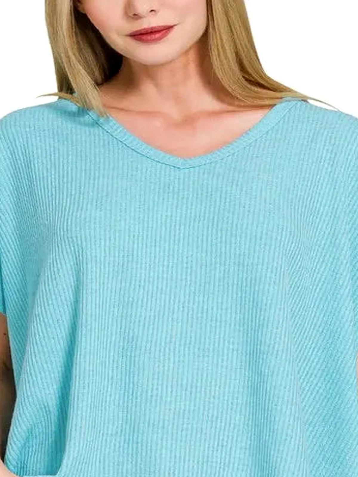 Ribbed V-Neck Short-Sleeve Knit Top
