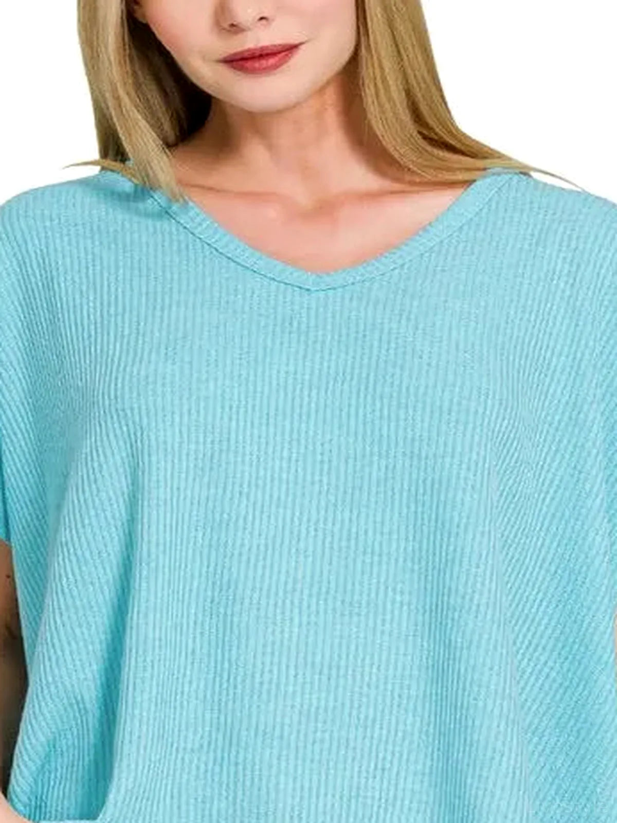 Ribbed V-Neck Short-Sleeve Knit Top