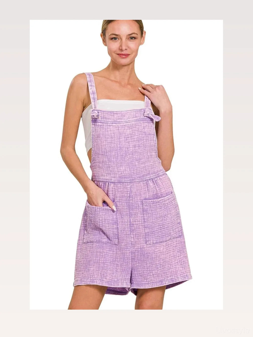 Woven Double Gauze Acid Washed Romper in LAVENDER